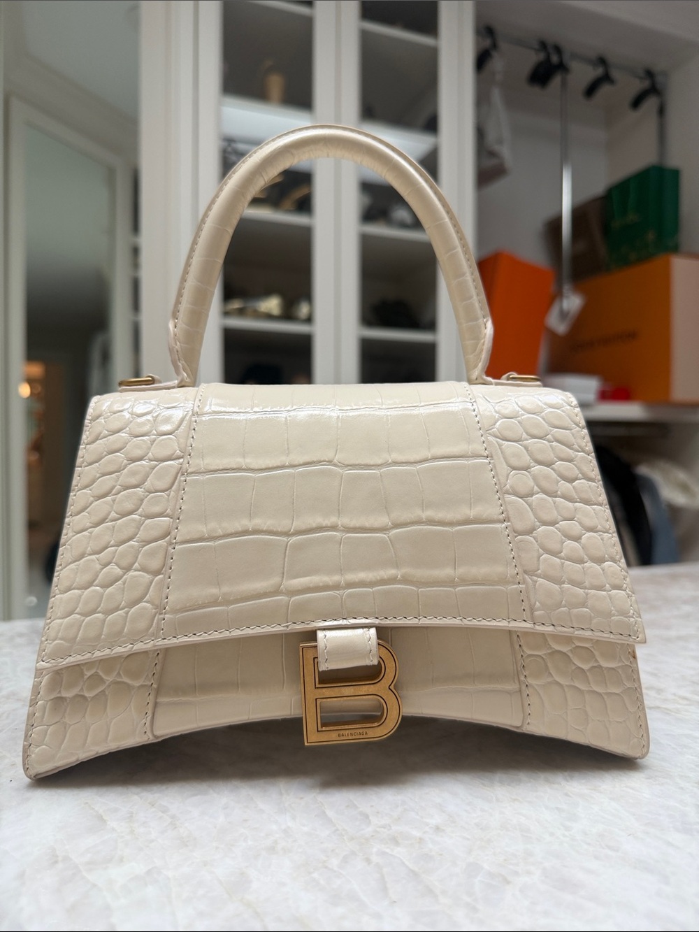 Balenciaga Hourglass Croc-Embossed Top Handle Bag in Cream